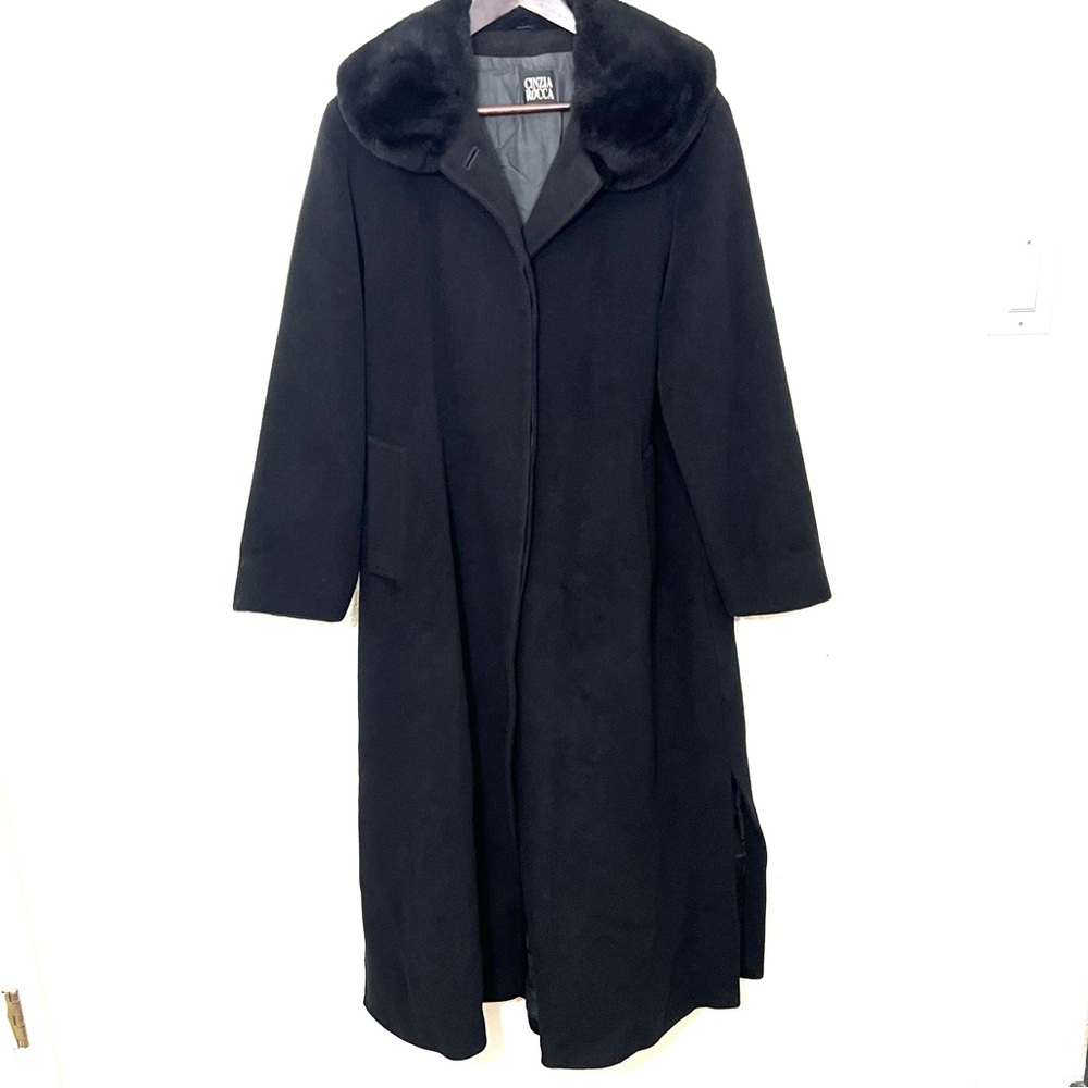 Cinzia Rocca Long Line Wool Coat With Real Fur Collar Black Size 6